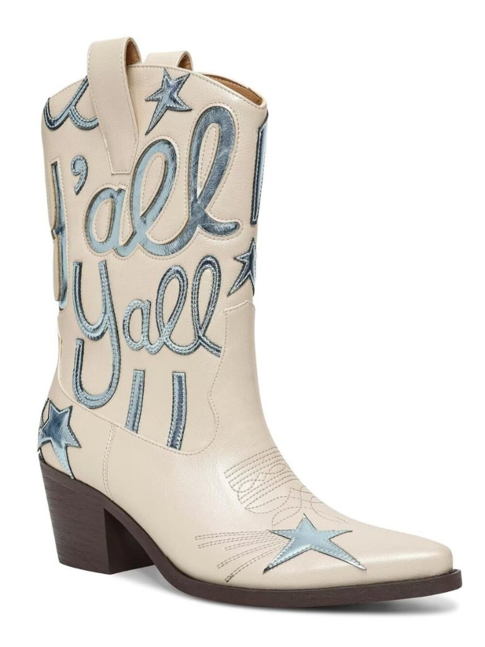 Women's Cowboy Boots Mid Calf Pointed Toe Low Chunky Heel Embroidery Metallic